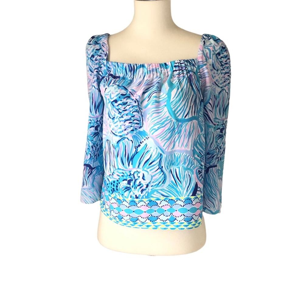 Lilly Pulitzer Lizzie Top Bermuda Blue Fishful Thinking Engineered Top Size XXS